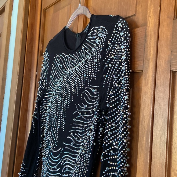 🔥 GORGEOUS BEADED SHEER BLACK LONG SLEEVE DRESS W/BLACK FEATHER TRIM~SM~NWOT - Picture 13 of 17